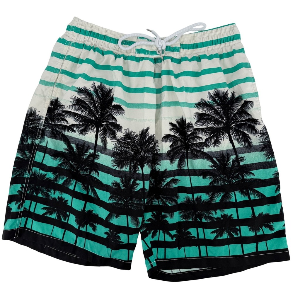 Kailua Surf Mens XXL Teal Palm Tree Striped Swim Trunks Board Shorts Mesh Lining